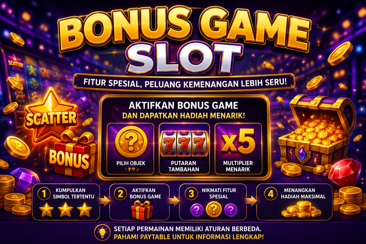 Ilustrasi Bonus Game Slot dengan simbol Scatter, Bonus, dan fitur permainan