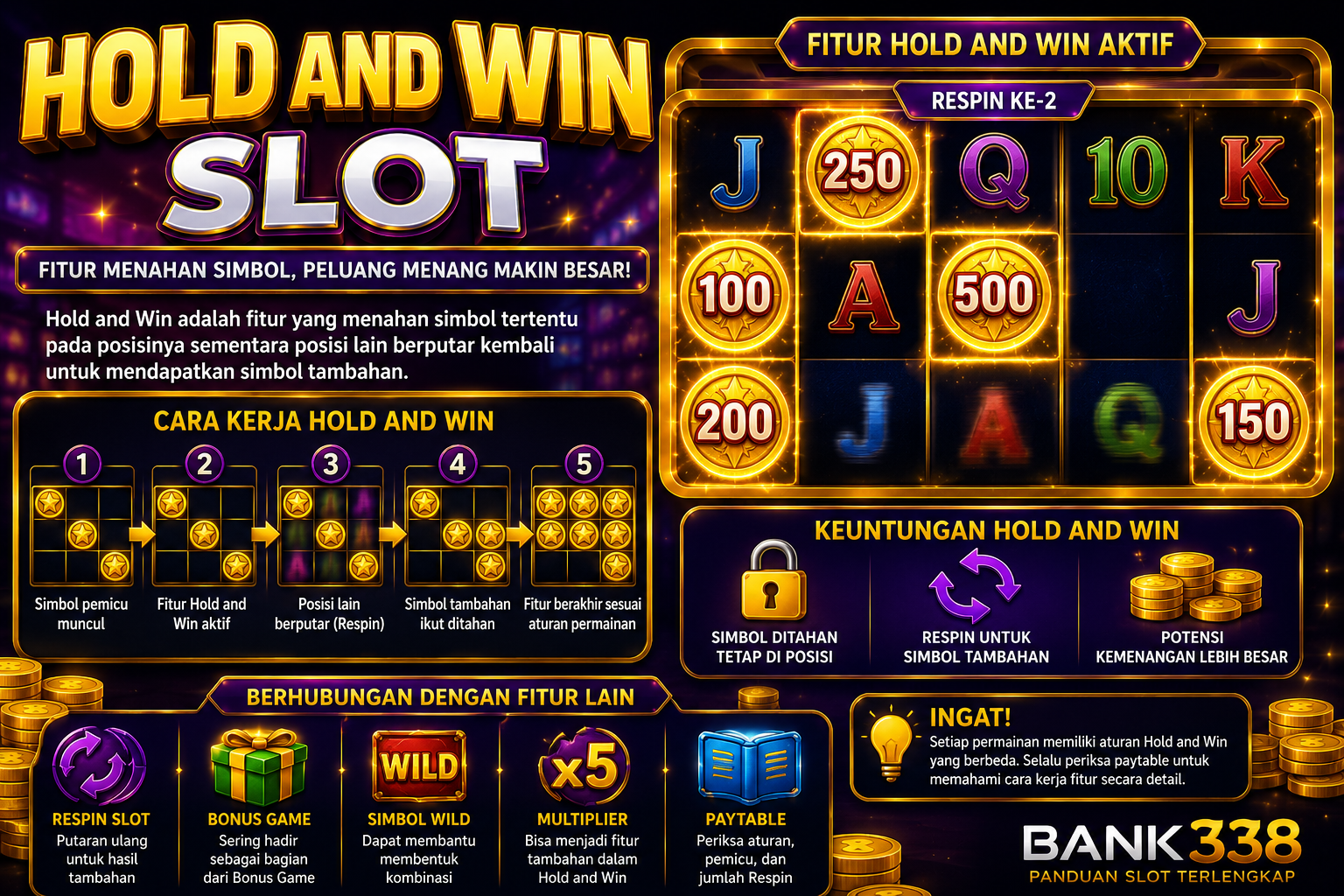 Ilustrasi Hold and Win Slot dengan simbol ditahan dan fitur Respin