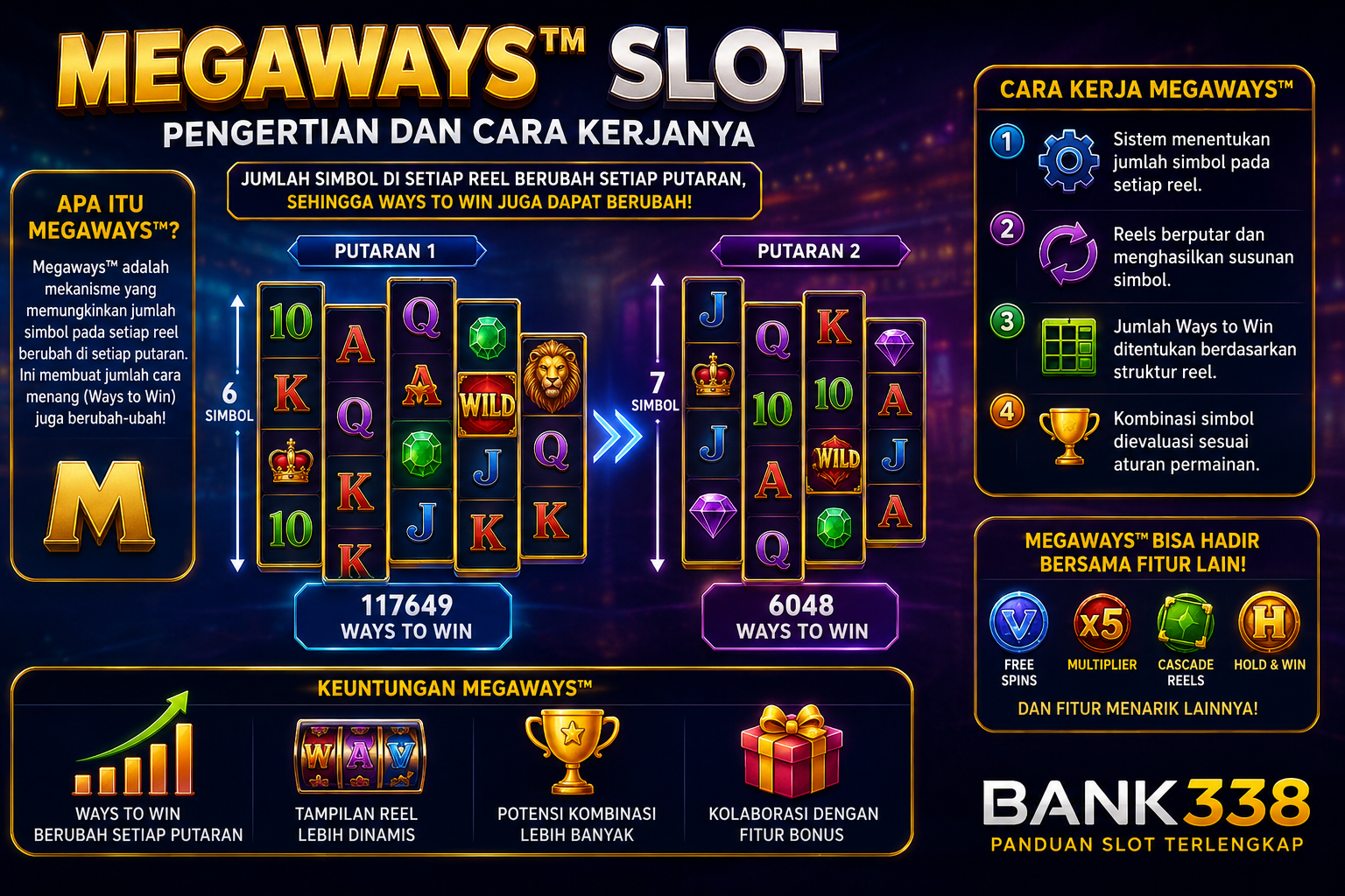 Ilustrasi Megaways Slot dengan jumlah simbol reel dan Ways to Win yang berubah
