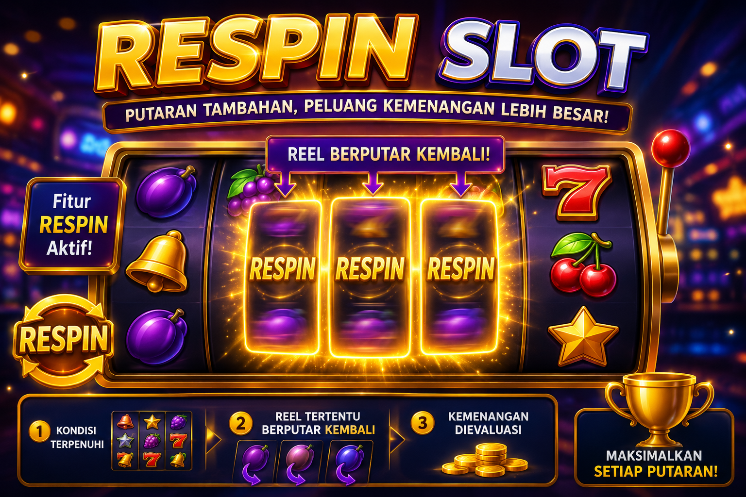 Ilustrasi fitur Respin Slot dan cara kerja reel berputar kembali