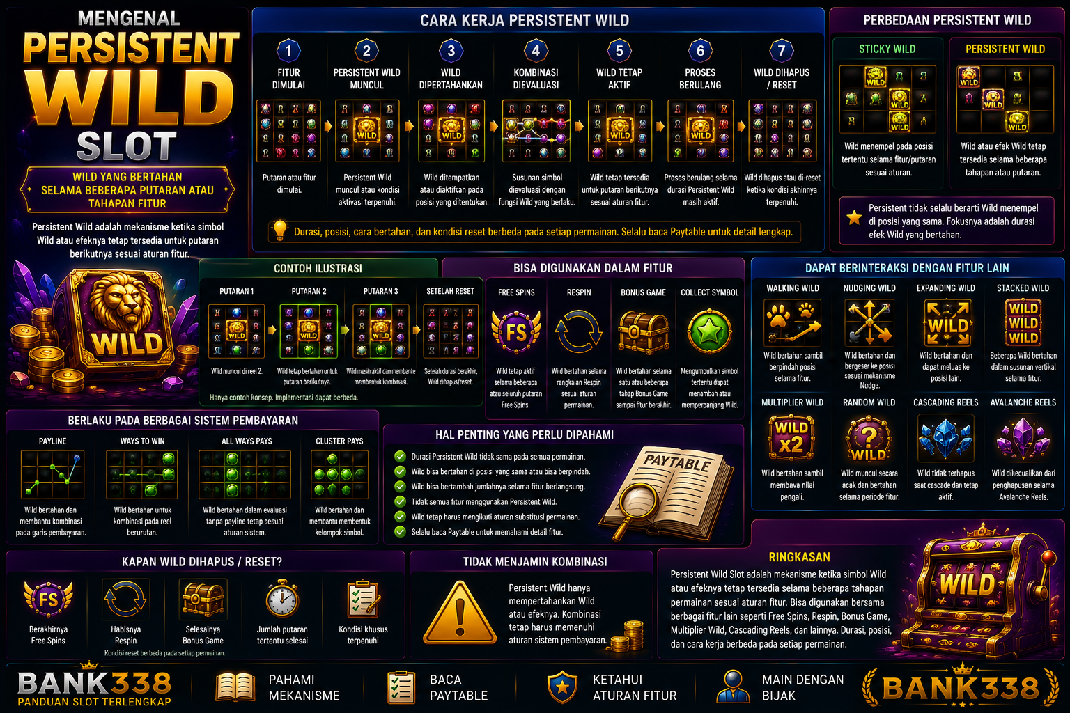Infografis Persistent Wild Slot dan cara kerja Wild yang bertahan selama beberapa putaran