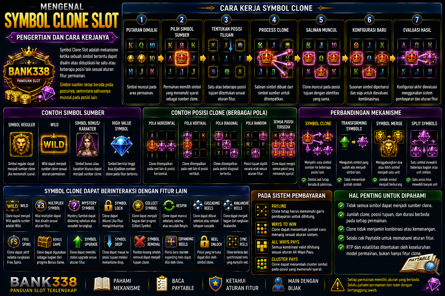 Infografis Symbol Clone Slot dan cara kerja duplikasi simbol ke posisi lain