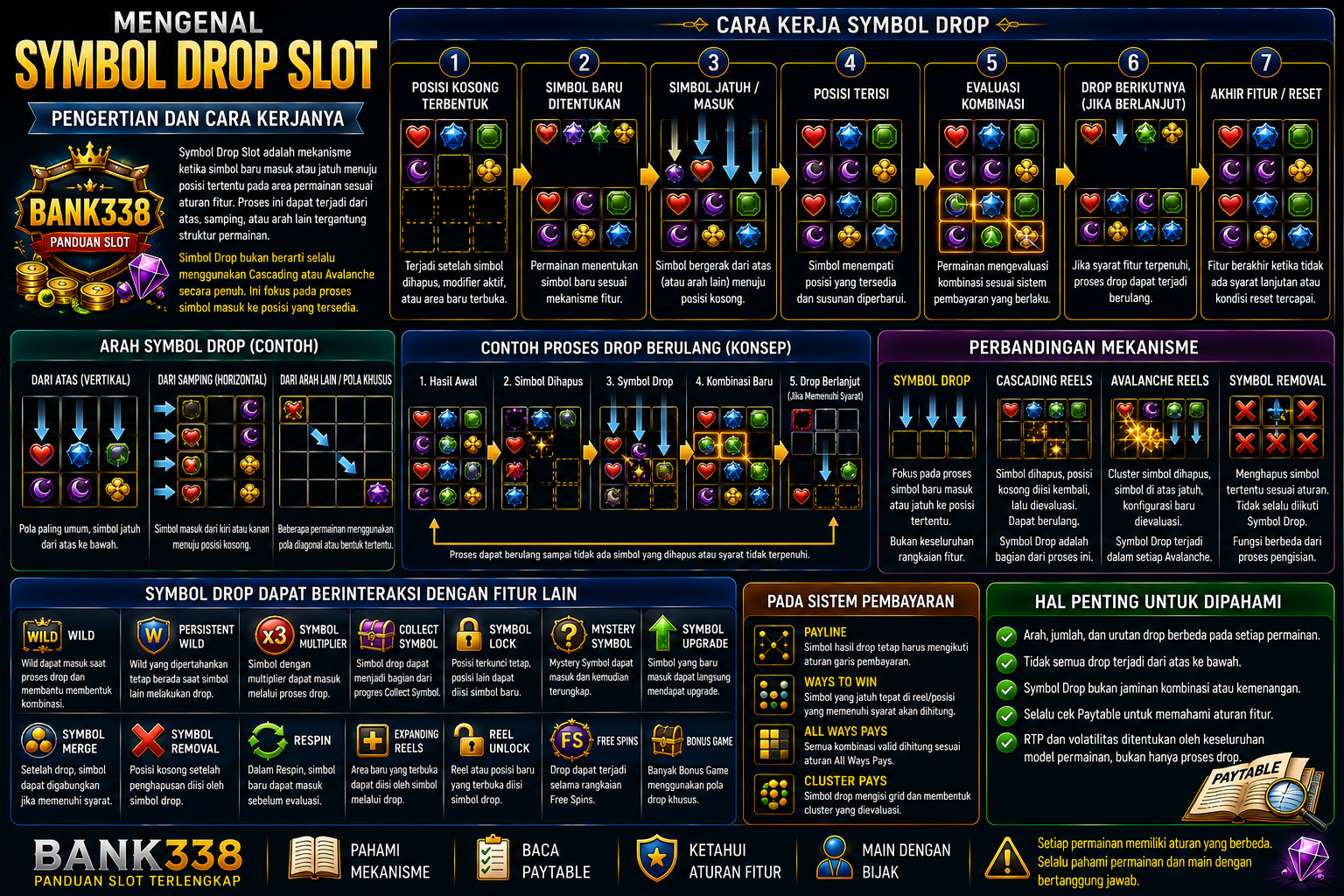 Infografis Symbol Drop Slot dan cara kerja simbol jatuh ke posisi kosong