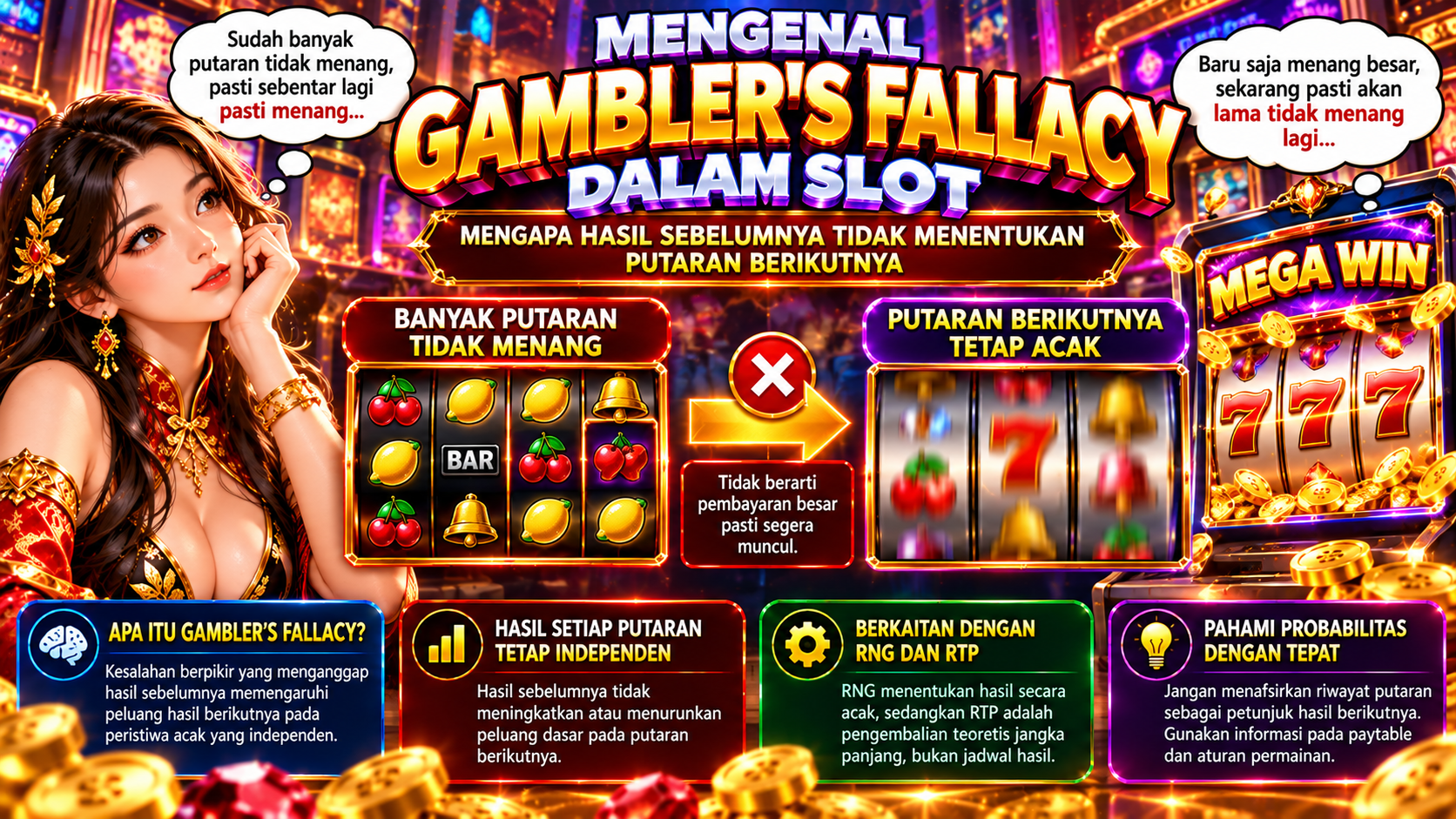 Ilustrasi Gambler's Fallacy dalam permainan slot dan kesalahan memahami peluang dari hasil sebelumnya