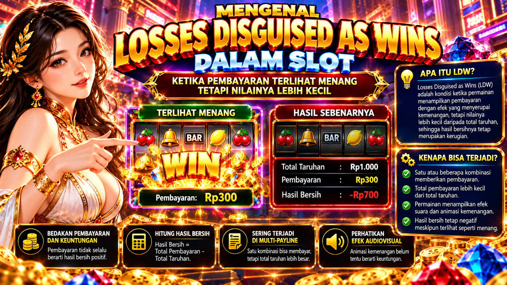 Ilustrasi Losses Disguised as Wins Slot dengan pembayaran lebih kecil daripada total taruhan