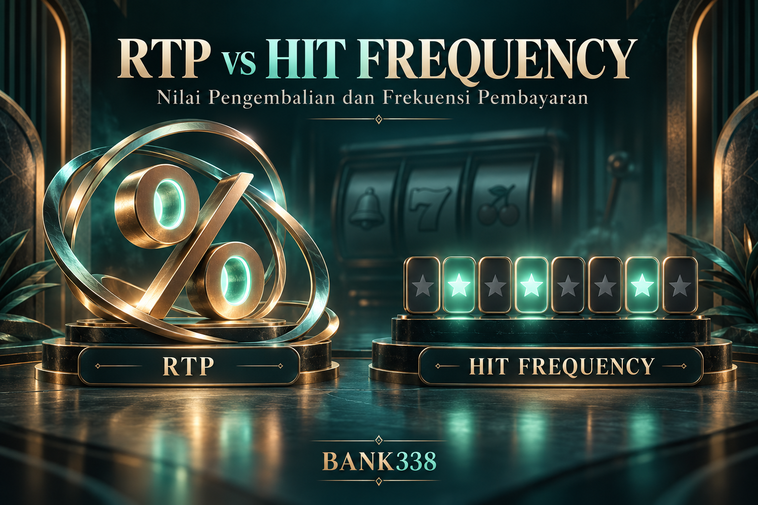 Ilustrasi simbol persentase RTP dan deretan penanda menyala untuk hit frequency